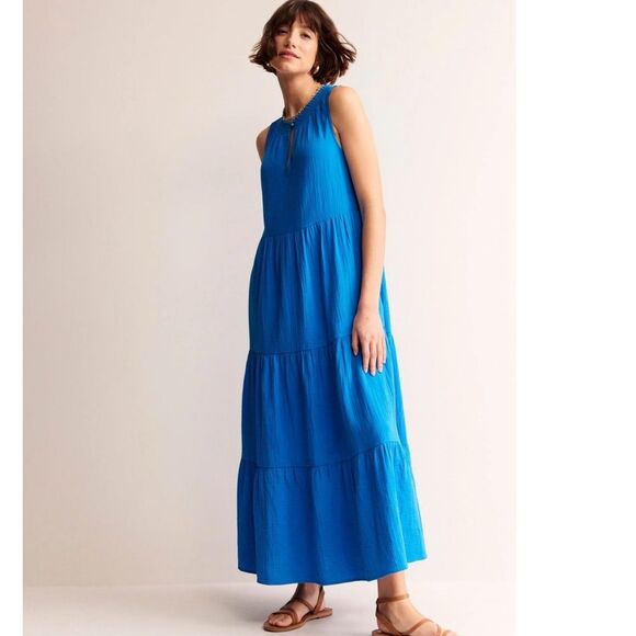 Boden 100% Cotton Gauze Blue Double Cloth Maxi Tiered Dress Size 22 Regular - Picture 1 of 13